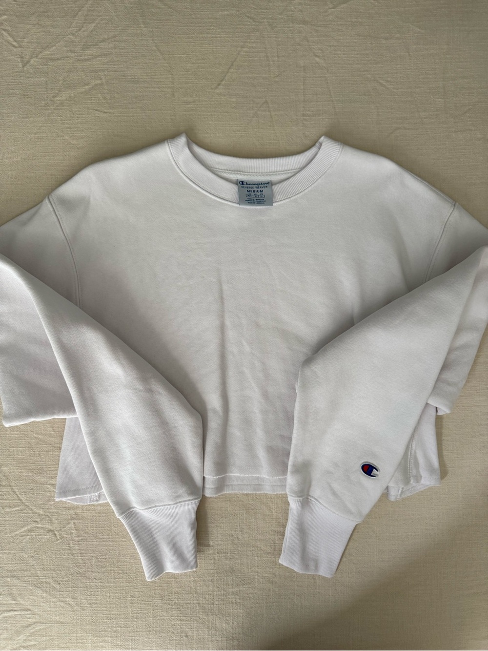 Champion White Cropped Crew Sweatshirt with Sleeve Logo